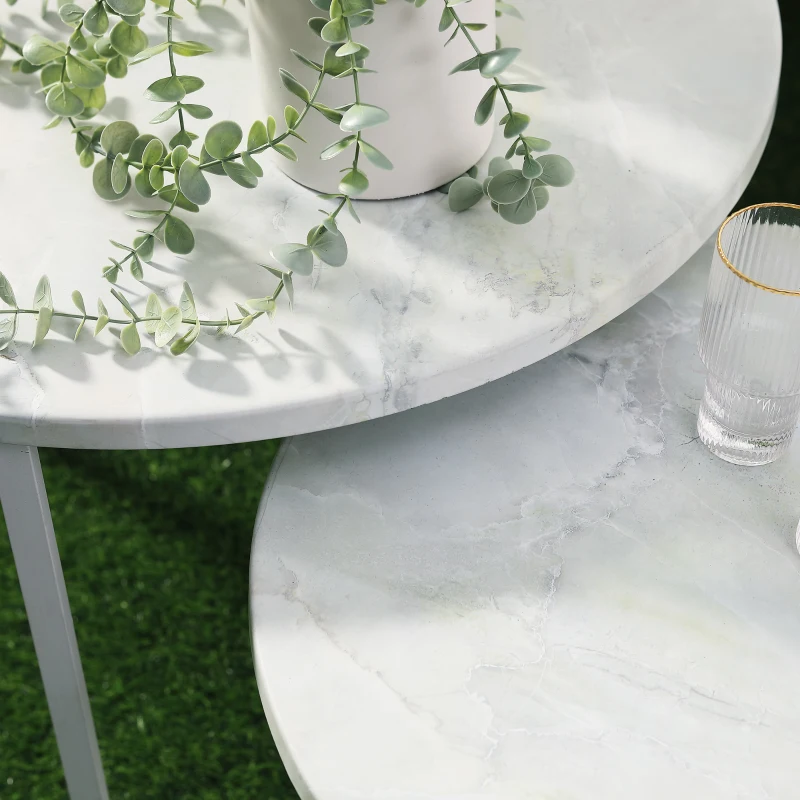 Outsunny Tavolini da Salotto, Set 2 Pezzi con Piano Effetto Marmo in Metallo, Bianco