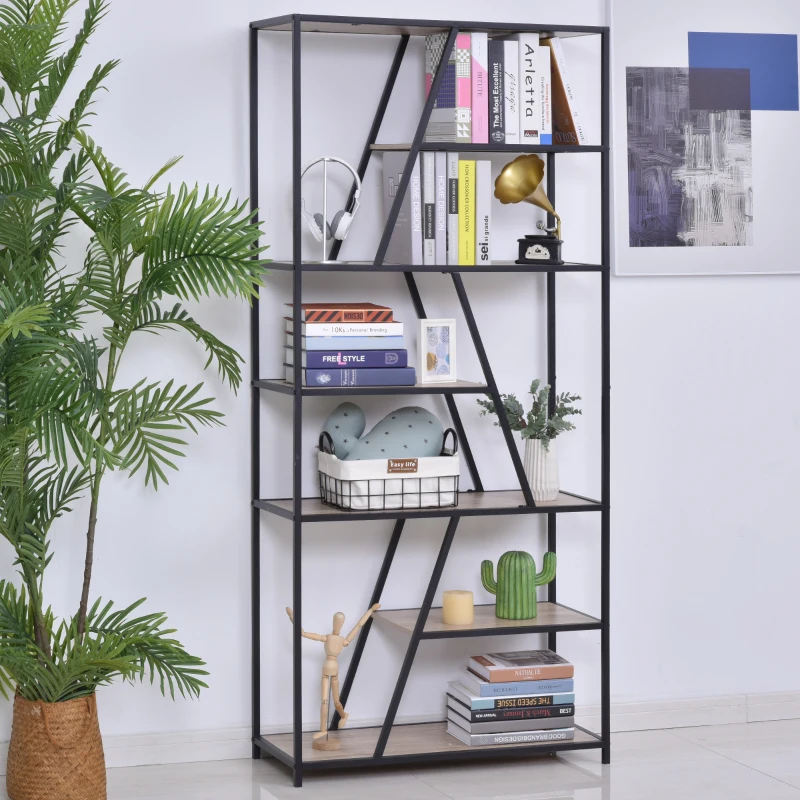 HOMCOM Estantería Asimétrica de 9 Estantes Trapezoidales de Estilo Moderno con Dispositivo Antivuelco Librería Multiusos 80x33x180 cm Madera y Negro