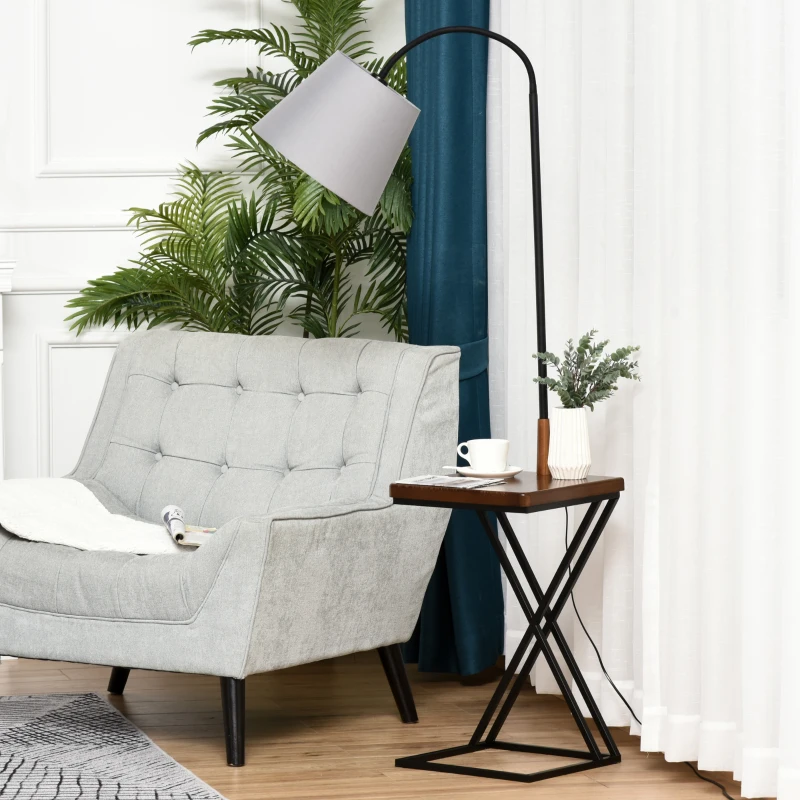 HOMCOM Lámpara de Pie con Mesita Iluminación Interior Moderno Foco de Luces con Cabeza Flexible Patas de Acero Marco Metálico Estable 36x36x165 cm Negro Marrón Gris