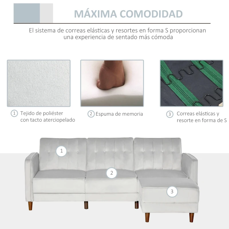 HOMCOM Sofá Cama con Chaise Longue de 3 Plazas Convertible con Reposapiés Movible Respaldo Ajustable y Reposabrazos Tacto Aterciopelado 218x85x86 cm Gris Claro