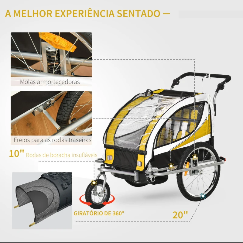 HOMCOM Reboque de Bicicleta para Crianças 2 em 1 com 2 Lugares Convertível em Carrinho de Passeio com Roda Dianteira Giratória 360° Amarelo