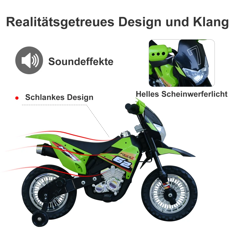 HOMCOM Elektro-Motorrad Kindermotorrad Elektrofahrzeug 3 bis 6 Jahre 3–6 km/h MP3 Musik LED-Licht Sound Metall + Kunststoff Grün 109 x 52,2 x 70,5 cm
