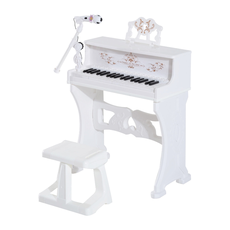 HOMCOM Piano Electrónico Infantil 37 Teclas con Micrófono Taburete 22 Canciones Blanco