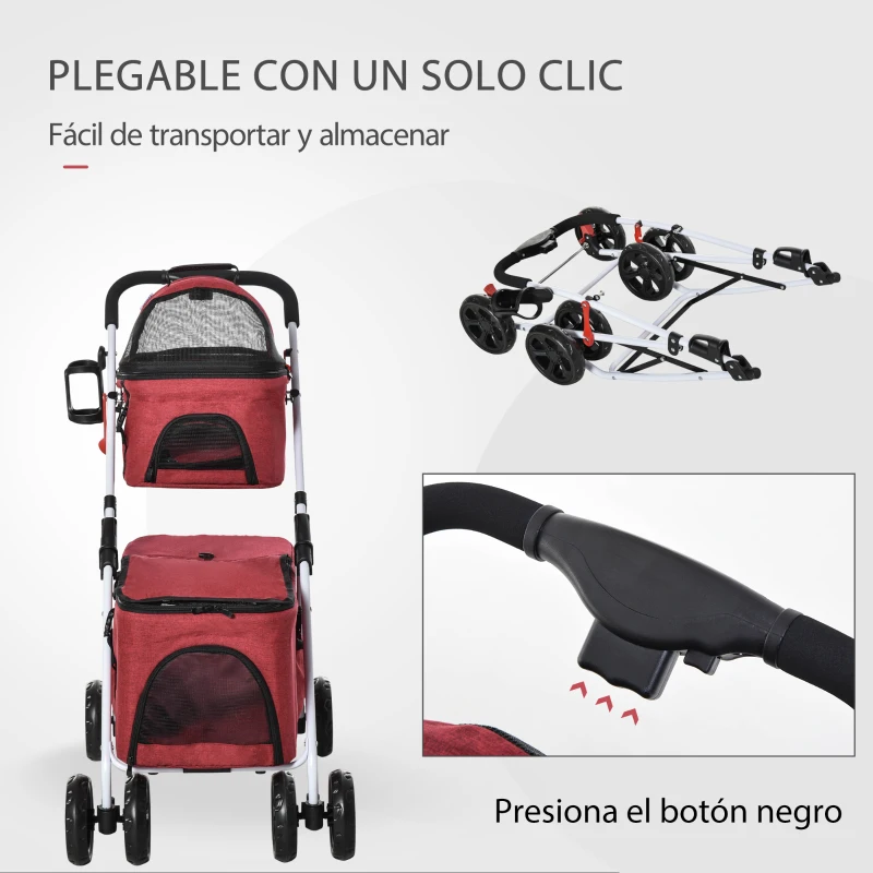PawHut Cochecito para Mascotas Plegable con Solo un Clic Carrito para Perros Desmontable con 2 Niveles Ruedas Giratorias Frenos Ventana y Bolsillos 82x48x92 cm Rojo
