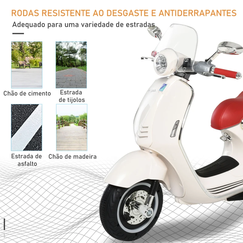 HOMCOM Mota Elétrica Vespa com Faróis Música 2 Rodas Auxiliares para Crianças acima de 3 Anos 108x49x75 cm Branco