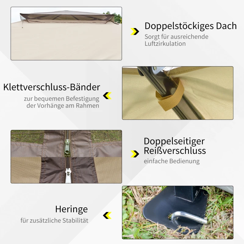 Outsunny Gartenzelt Gazebo Partyzelt, wetterbeständig, 3,64 m x 3, 64m x 2, 94m, Beige + Braun