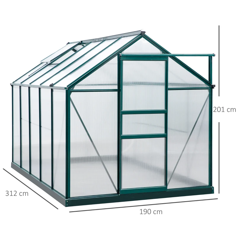 Outsunny Seră de Grădină cu Bază, Fereastră, Ușă Glisantă și Structură din Aluminiu, 190x312x201 cm, Verde Închis