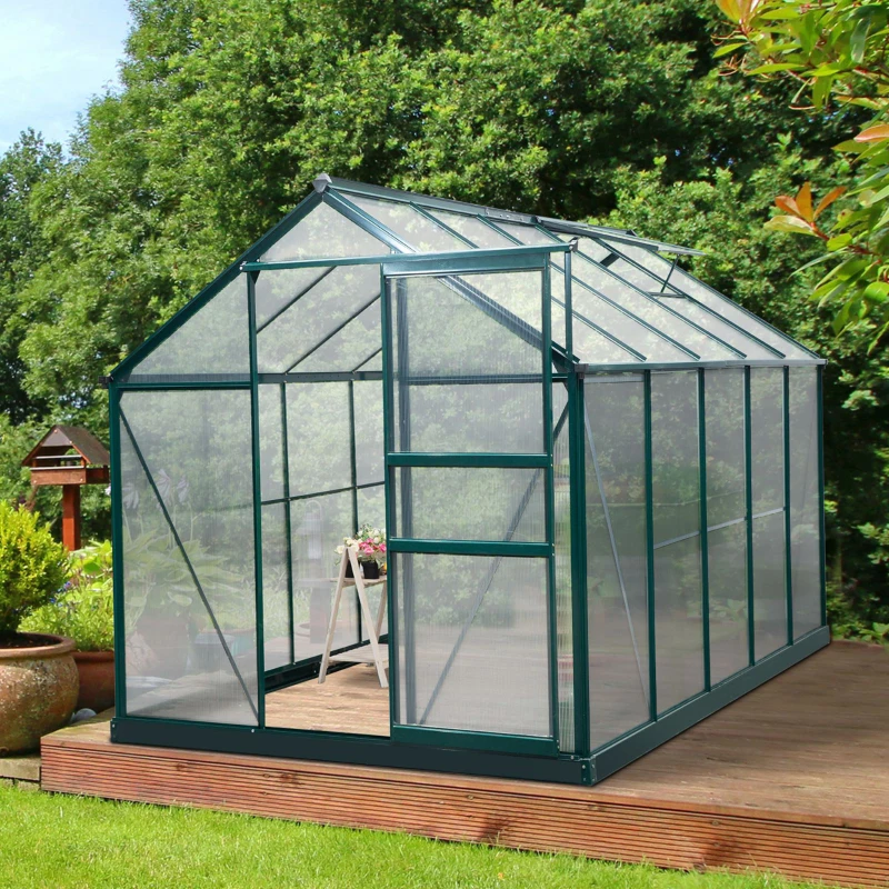 Outsunny Seră de Grădină cu Bază, Fereastră, Ușă Glisantă și Structură din Aluminiu, 190x312x201 cm, Verde Închis