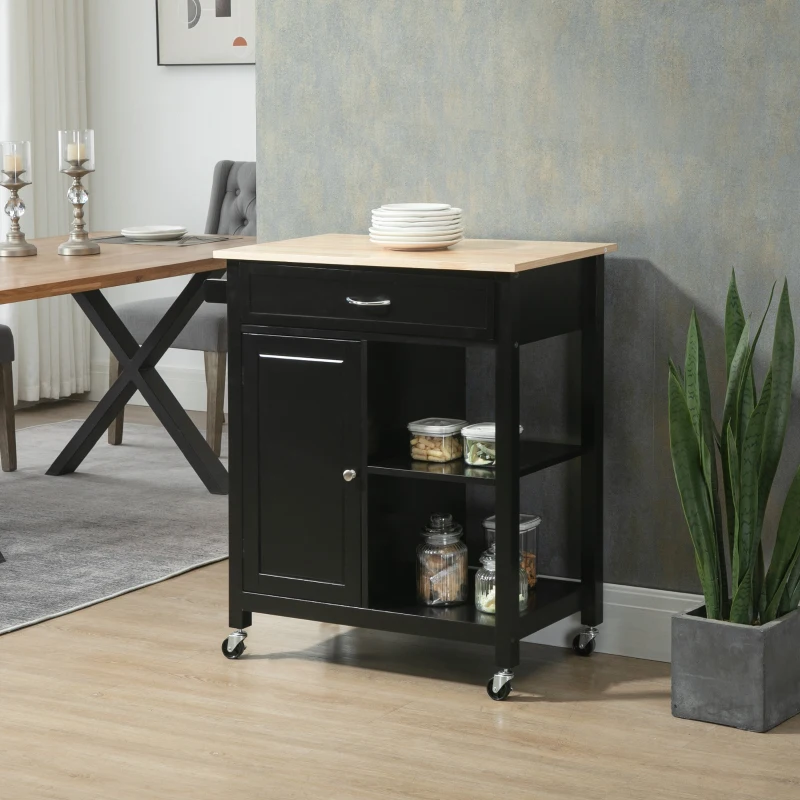 HOMCOM Carucior de Bucatarie din Lemn cu Sertar, Dulapior si Etajere cu Roti, 83x45x88cm, Negru(m-11)