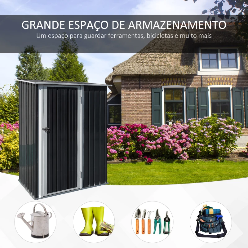 Outsunny Abrigo de Jardim 1,07m² 142x84x189cm Abrigo de Jardim de Aço Galvanizado com Porta Fechadura e Orifícios de Drenagem para Armazenamento de Ferramentas Cinza