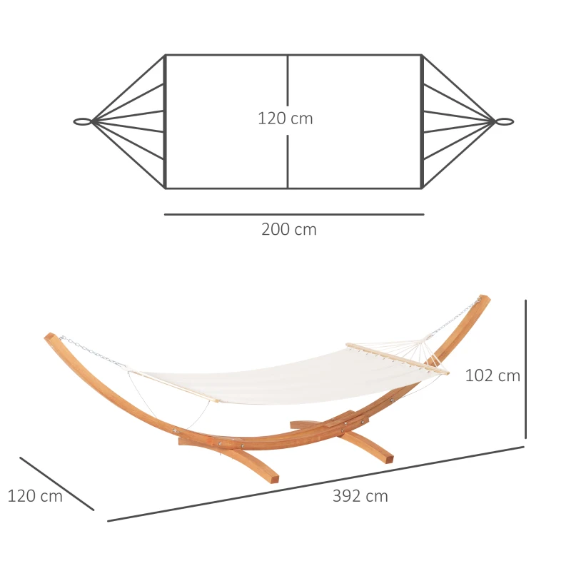 Outsunny Cama Rede com Suporte de Madeira Cama Rede de Jardim Suspensa com Estrutura e Tecido de Algodão 200x120cm para Terraço Balção Carga Máxima 150kg 392x120x102cm Branco e Natural