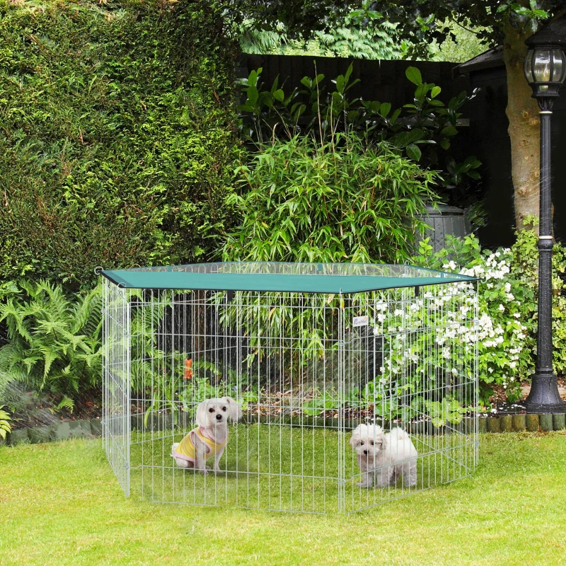 PawHut Parque para Animais de Estimação com 6 Painéis 59x60cm Dobrável Cerca para Animais de Estimação com Porta com Trava e Toldo Superior para Jardim Pátio Exterior Prata