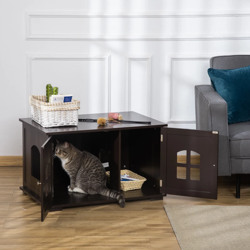 PawHut Casa para Gatos de Madeira Móvel para Caixa de Areia para Gatos 2 em 1 com Armário de Armazenamento Ampla Bancada 2 Portas com Janelas e Orifício de Entrada Lateral 80,3x52,6x48,8 cm Café