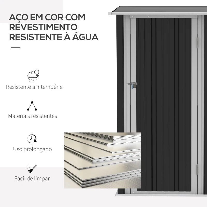 Outsunny Abrigo de Jardim 1,07m² 142x84x189cm Abrigo de Jardim de Aço Galvanizado com Porta Fechadura e Orifícios de Drenagem para Armazenamento de Ferramentas Cinza