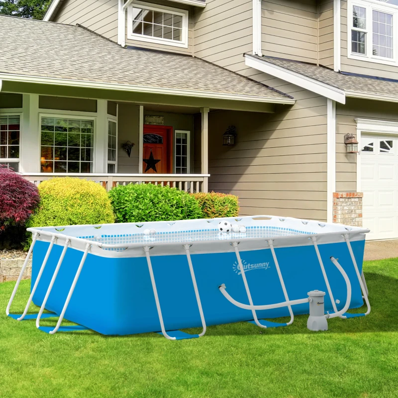 Outsunny Piscina Desmontável Tubular 340x215x80cm Piscina Retangular de Exterior com Purificador 4.000L/H Mangueiras de Comprimento 100cm e Estrutura de Aço 4200L Azul