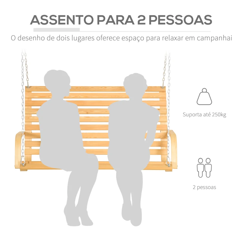 Outsunny Banco Baloiço de Madeira de 2 Lugares Baloiço Suspenso Carga Máxima 250kg para Jardim Terraço Balcão Exterior 141,5x51x78cm Natural