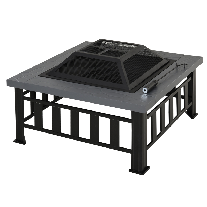 Outsunny Brasero cheminée Foyer extérieur dim 86L x 86l x 54H cm Grille à Charbon Couvercle tisonnier métal Noir