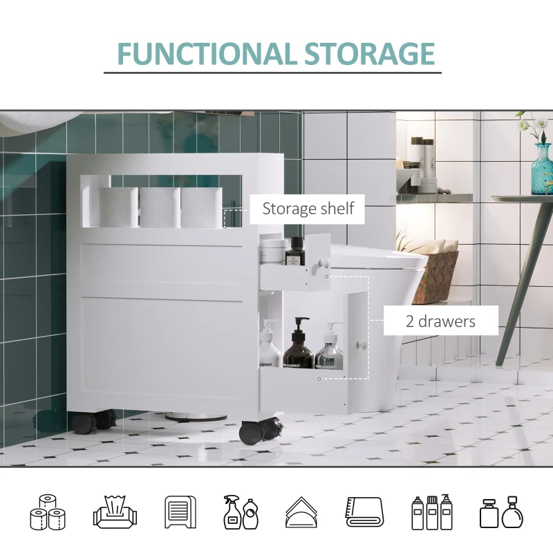 HOMCOM 72x16cm Narrow Bathroom Storage Unit w/ 2 Drawers Open Top 4 Wheels Slimline Modern Rolling Home Organisation