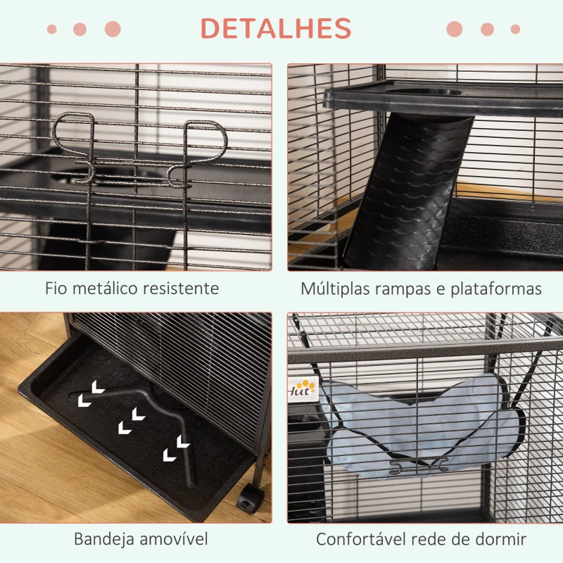 PawHut Gaiola para Roedores 52x52x113,5cm Gaiola para Furões com Rodas 2 Portas 3 Rampas Rede Suspensa e Bandeja Removível para Cobias Hamsters Cinza Prata