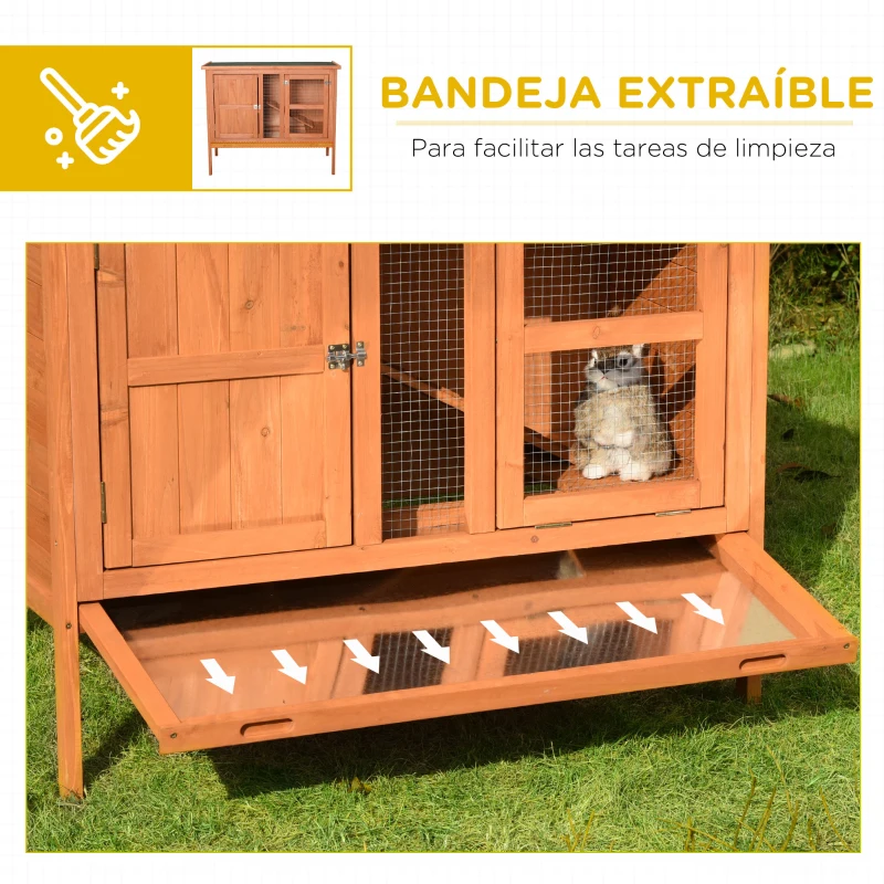 PawHut Conejera de Exterior Jaula de Mascotas Pequeñas de Madera 2 Pisos para Conejos Cobayas Hámster con Techo Asfáltico Bandeja Extraíble Rampa 102x56x85 cm Madera Natural