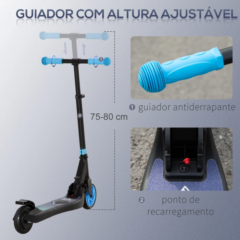 HOMCOM Trotinete Elétrica para Crianças acima de 6 Anos Trotinete Elétrica Dobrável com Altura Ajustável Bateria 24V Velocidade Máxima 8km/h Carga Máxima 50kg 71x36,5x75-80cm Azul