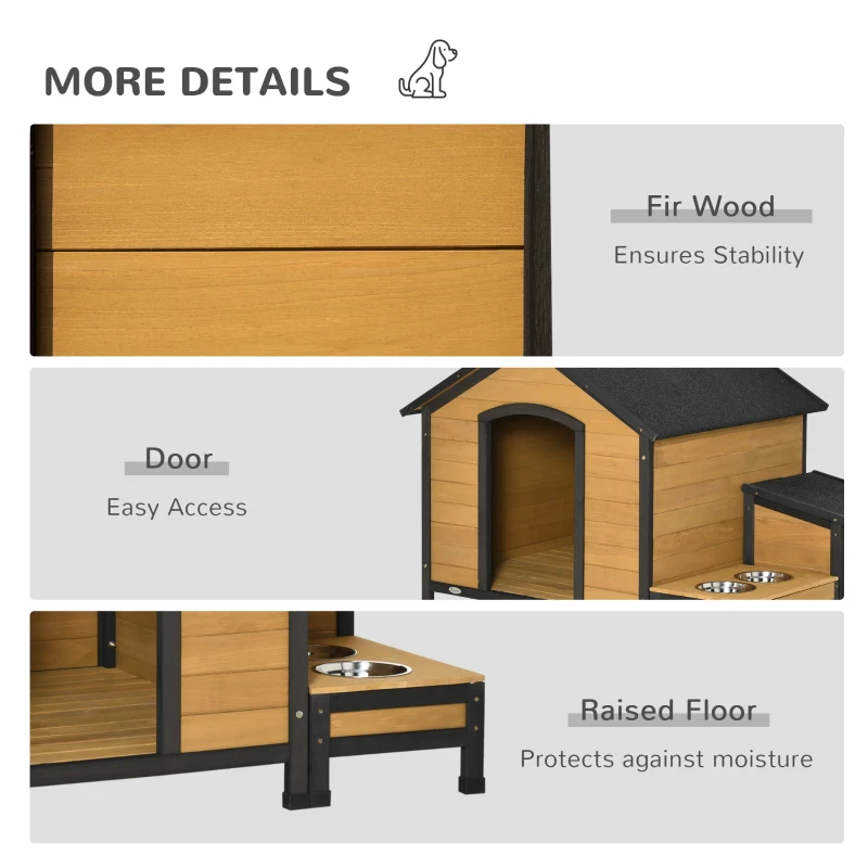 PawHut Cusca pentru Caini Talie Medie din Lemn de Brad, 130x93x92cm, Culoarea Lemnului si Negru