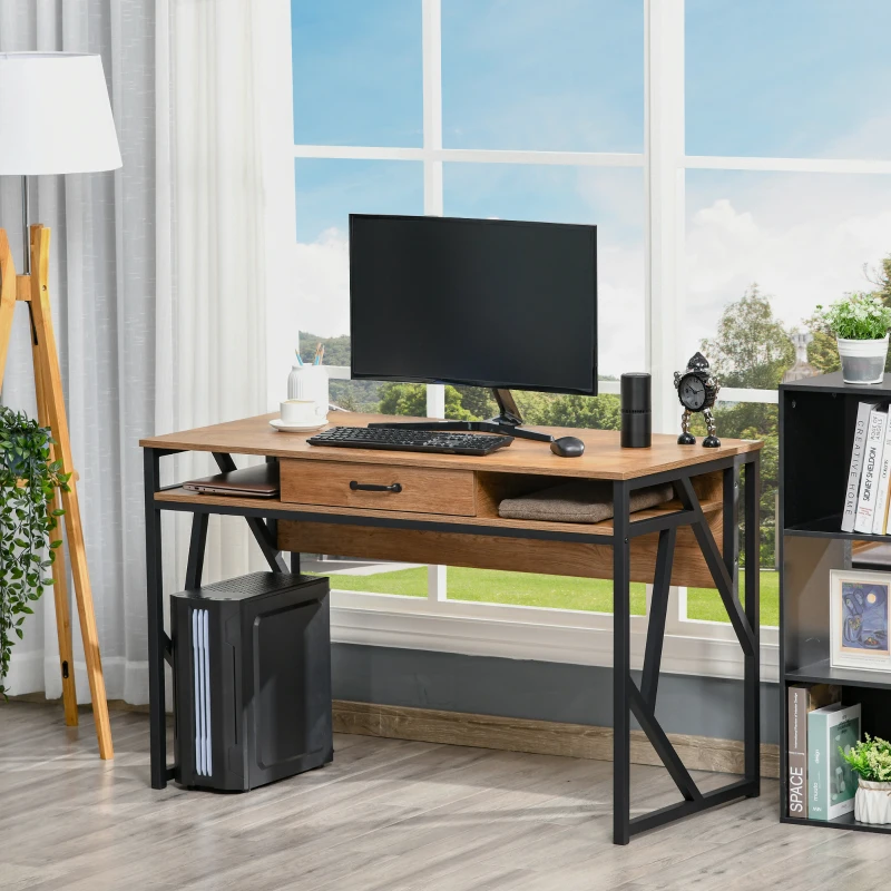HOMCOM Scrivania Moderna in Metallo e MDF Stile Industriale, Mensole e Cassetto per Casa e Ufficio, 120x60x76cm Nero Marrone
