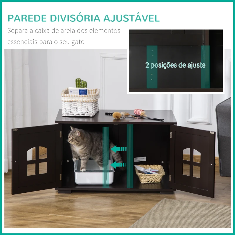 PawHut Casa para Gatos de Madeira Móvel para Caixa de Areia para Gatos 2 em 1 com Armário de Armazenamento Ampla Bancada 2 Portas com Janelas e Orifício de Entrada Lateral 80,3x52,6x48,8 cm Café