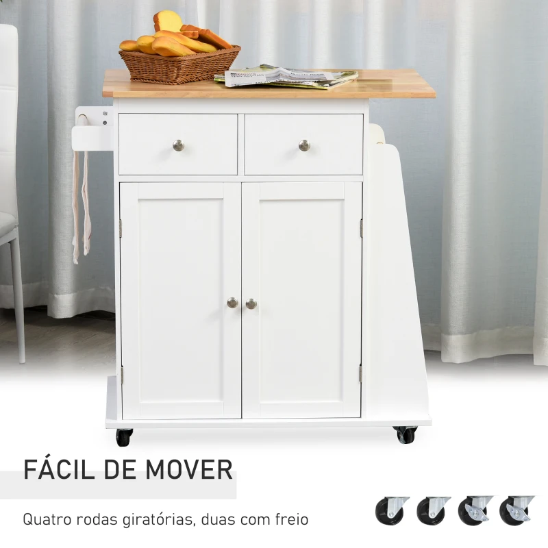 HOMCOM Carrinho de Cozinha Auxiliar com Rodas Carrinho de Cozinha com 2 Gavetas Armário de Armazenamento Prateleira Interior Ajustável 3 Suportes para Temperos e Barra de Pendurar 89x45x89,5cm Branco