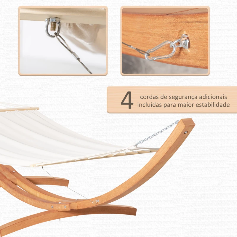 Outsunny Cama Rede com Suporte de Madeira Cama Rede de Jardim Suspensa com Estrutura e Tecido de Algodão 200x120cm para Terraço Balção Carga Máxima 150kg 392x120x102cm Branco e Natural