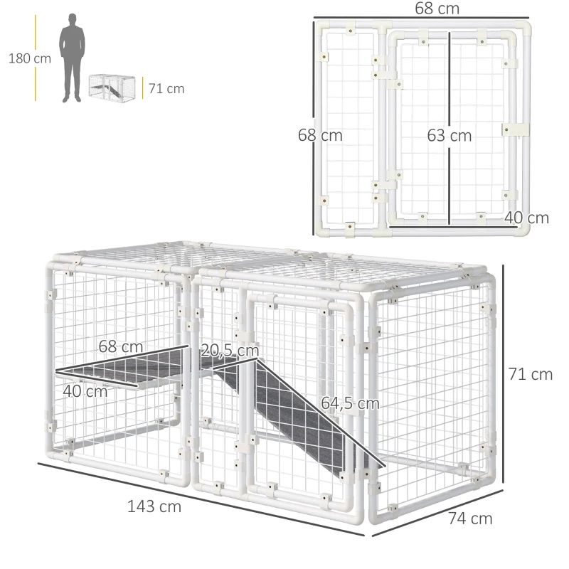 PawHut Recinto Modular para Animais de Estimação Recinto para Coelhos com 9 Painéis de 68x68,2x2,5cm Trava e Escada para Cobaias Desenho DIY Branco