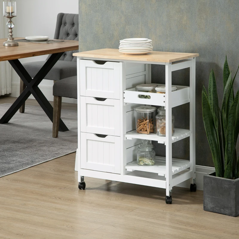 HOMCOM Carro de Cocina Carrito Auxiliar con Ruedas Tablero de Madera 3 Cajones 2 Estantes Abiertos y Bandeja Extraíble para Comedor Salón 67x37x85,5 cm Blanco