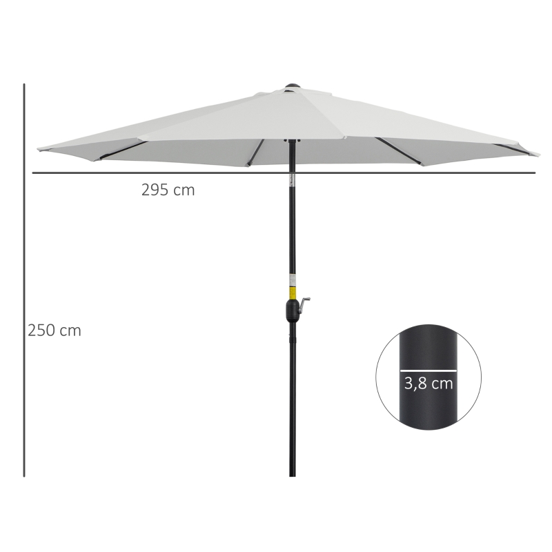 Outsunny Chapéu de Sol de Jardim Ø295x250cm com Manivela Chapéu de Sol Exterior com Mecanismo de Inclinação e Mastro Desmontável de Metal para Terraço Piscina Pátio Branco