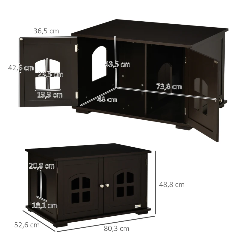 PawHut Casa para Gatos de Madeira Móvel para Caixa de Areia para Gatos 2 em 1 com Armário de Armazenamento Ampla Bancada 2 Portas com Janelas e Orifício de Entrada Lateral 80,3x52,6x48,8 cm Café
