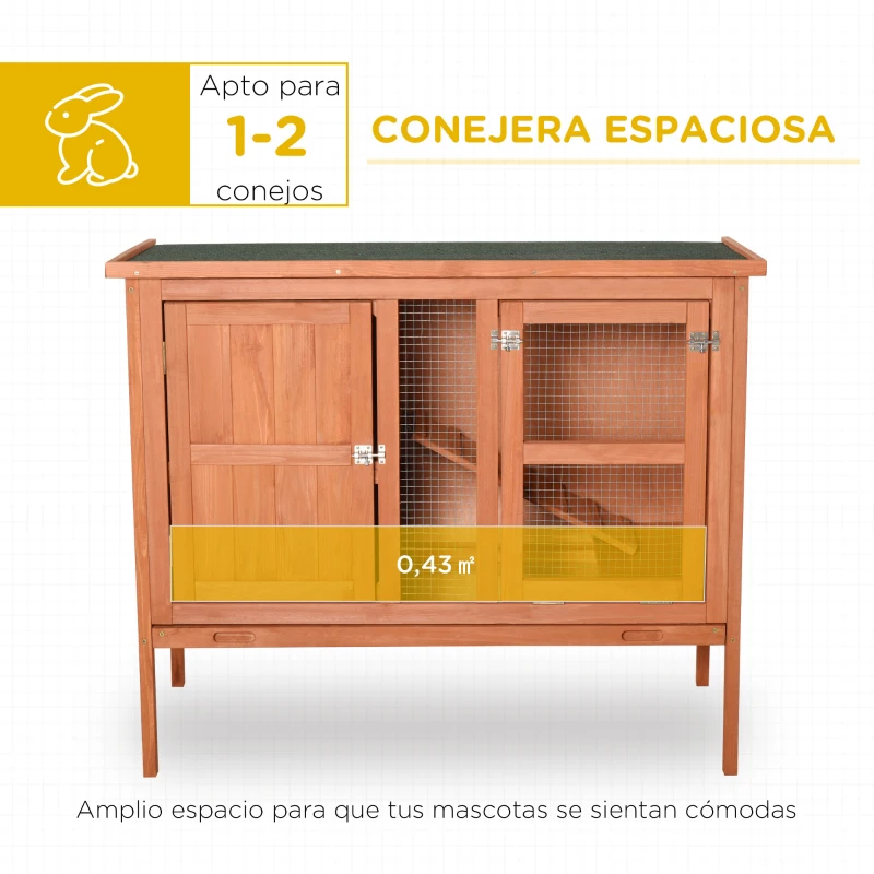 PawHut Conejera de Exterior Jaula de Mascotas Pequeñas de Madera 2 Pisos para Conejos Cobayas Hámster con Techo Asfáltico Bandeja Extraíble Rampa 102x56x85 cm Madera Natural