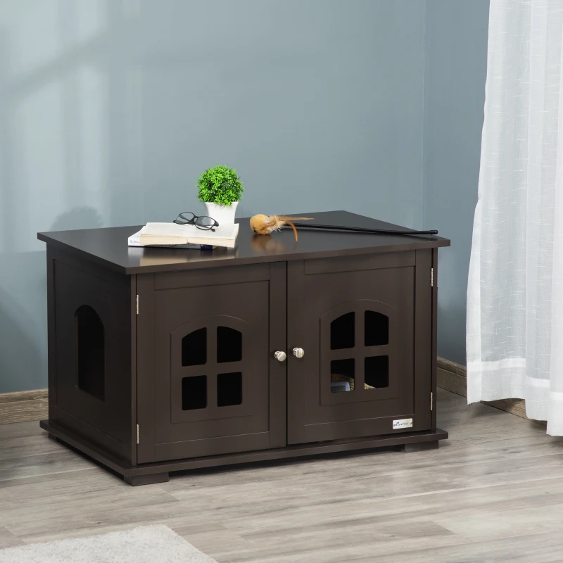 PawHut Casa para Gatos de Madeira Móvel para Caixa de Areia para Gatos 2 em 1 com Armário de Armazenamento Ampla Bancada 2 Portas com Janelas e Orifício de Entrada Lateral 80,3x52,6x48,8 cm Café