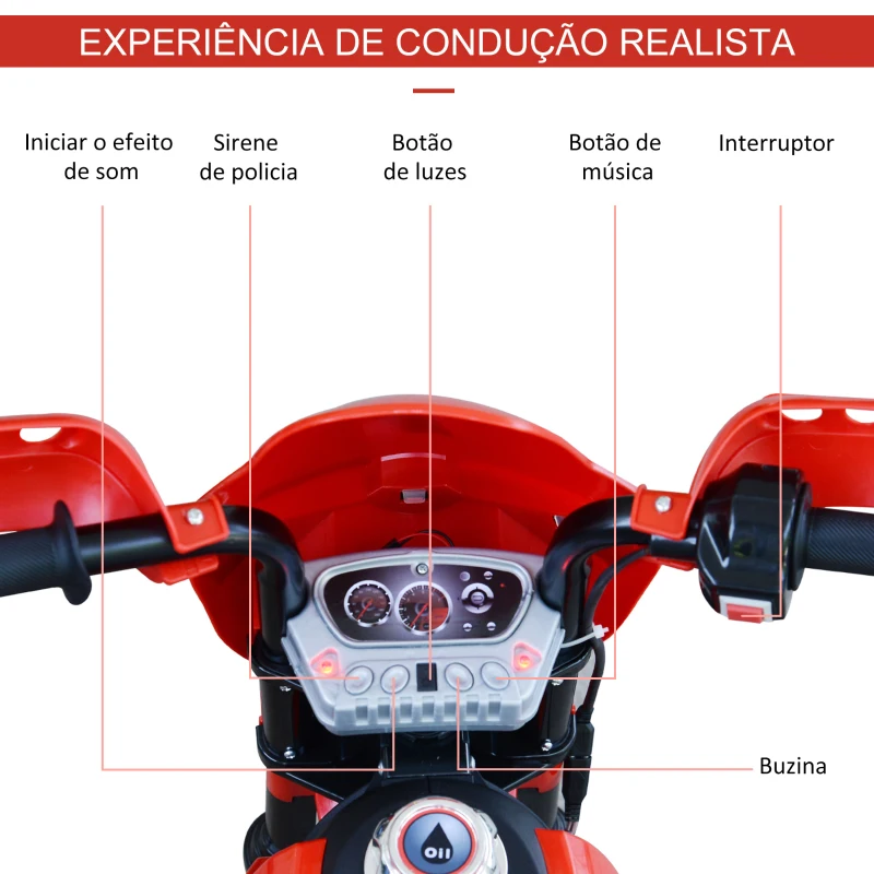 HOMCOM Mota Elétrica Infantil Motocicleta Elétrica para Crianças acima de 3 Anos com Luzes Música e Rodas de Apoio 109x52,2x70,5cm Vermelha