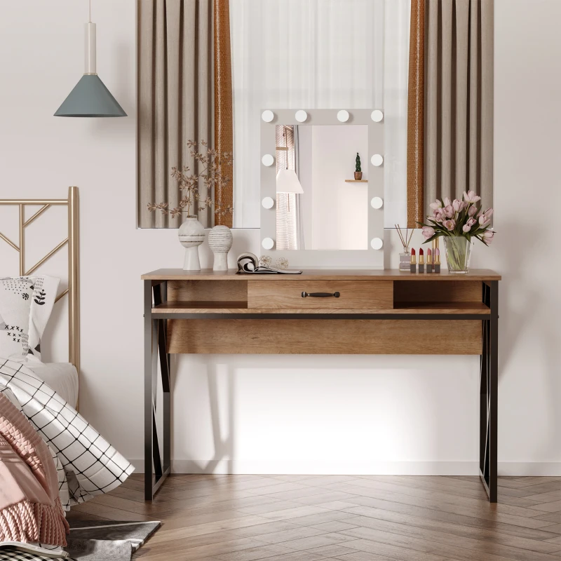 HOMCOM Scrivania Moderna in Metallo e MDF Stile Industriale, Mensole e Cassetto per Casa e Ufficio, 120x60x76cm Nero Marrone