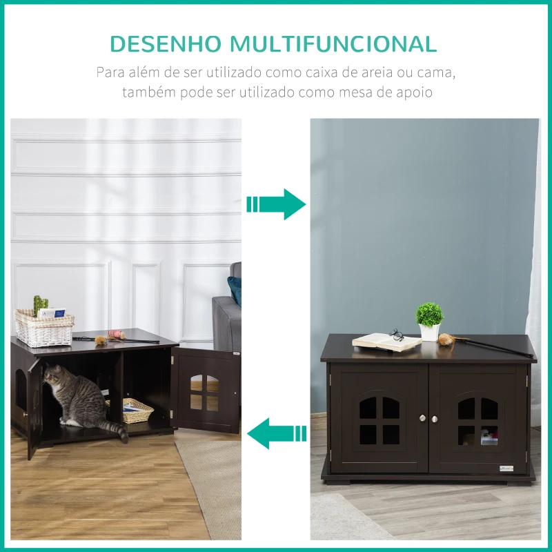 PawHut Casa para Gatos de Madeira Móvel para Caixa de Areia para Gatos 2 em 1 com Armário de Armazenamento Ampla Bancada 2 Portas com Janelas e Orifício de Entrada Lateral 80,3x52,6x48,8 cm Café