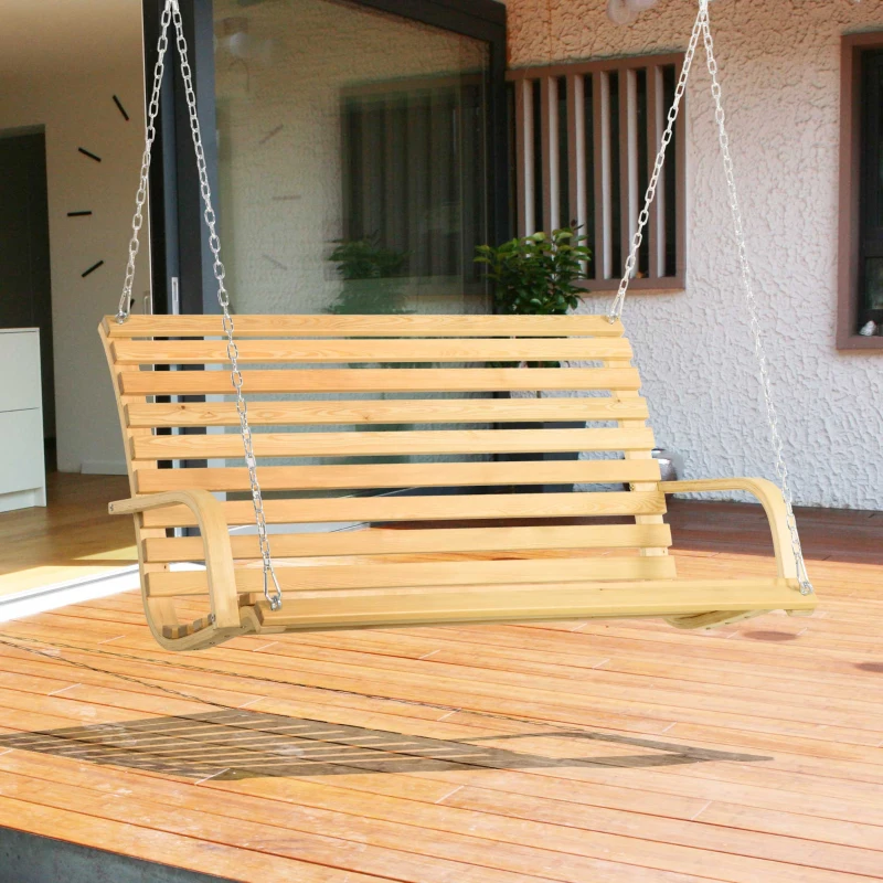 Outsunny Banco Baloiço de Madeira de 2 Lugares Baloiço Suspenso Carga Máxima 250kg para Jardim Terraço Balcão Exterior 141,5x51x78cm Natural