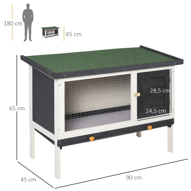 PawHut Coelheira de Madeira Gaiola Elevada para Coelhos Cobaias e Animais Pequenos com Teto Asfáltico Bandeja Removível e Porta com Trava 91x46x71cm Preto