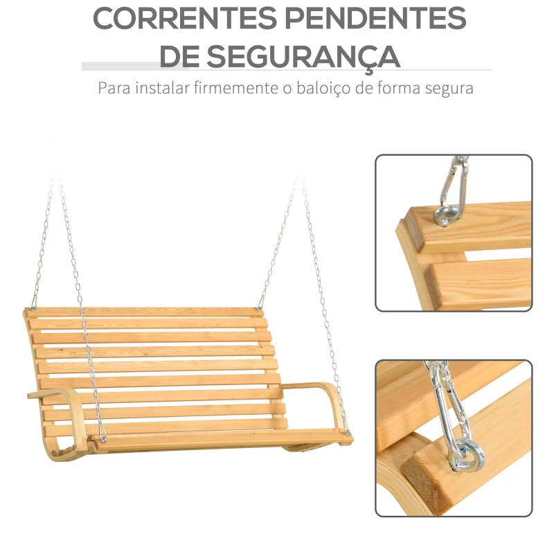Outsunny Banco Baloiço de Madeira de 2 Lugares Baloiço Suspenso Carga Máxima 250kg para Jardim Terraço Balcão Exterior 141,5x51x78cm Natural