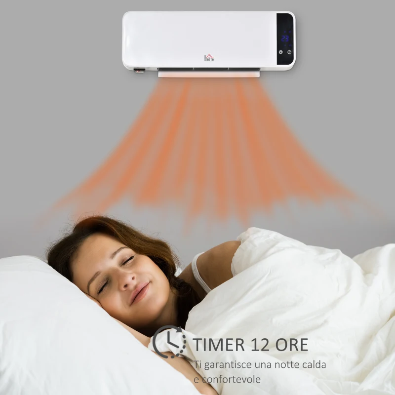 HOMCOM Stufa Elettrica da Parete con Telecomando, Temperatura Regolabile e Timer 12 Ore, Potenza 1000W/2000W, 56x11.5x18.5cm, Bianco
