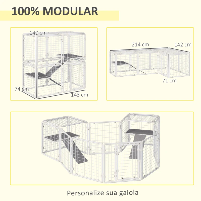 PawHut Recinto Metálico para Animais de Estimação com 16 Painéis de 68x68x2,5cm  Trava e Escada para Cobaias Desenho DIY Branco