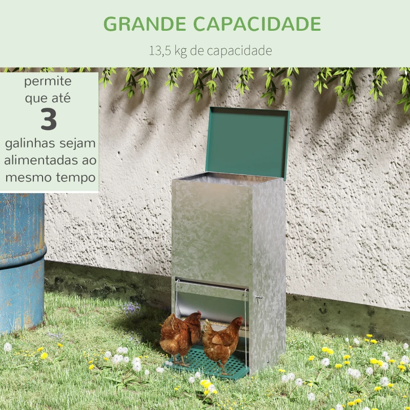 PawHut Comedouro para Aves de 24L de Capacidade Comedouro para Galinhas com Abertura Automática com Pedal 33,5x38,5x66cm Prata