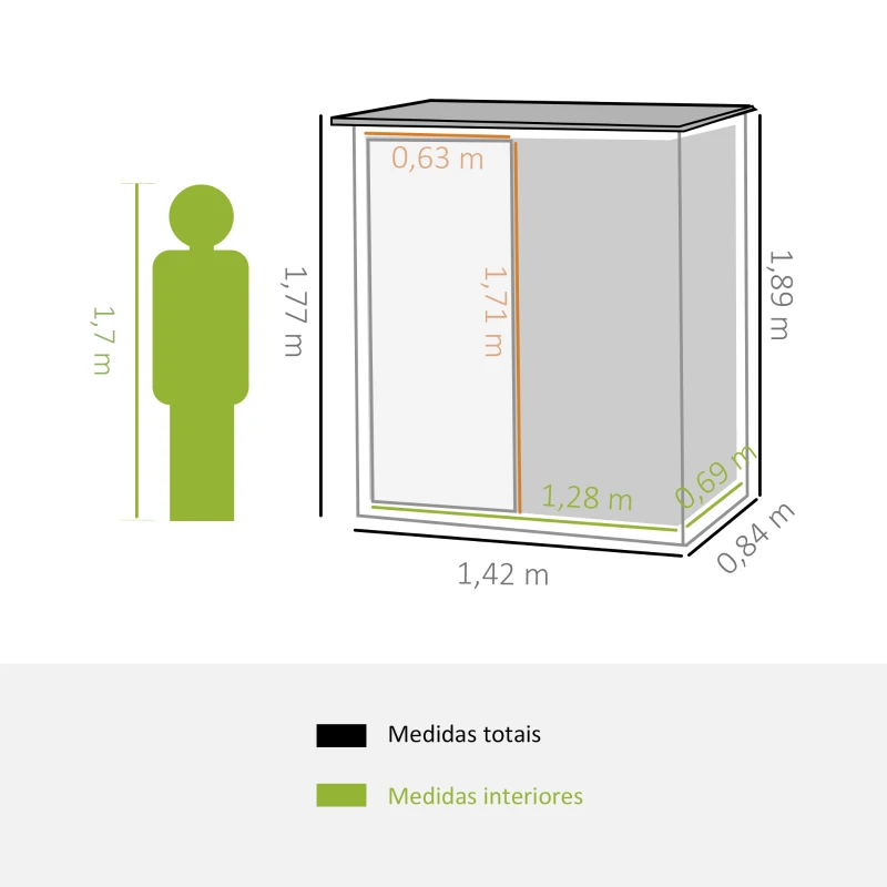 Outsunny Abrigo de Jardim 1,07m² 142x84x189cm Abrigo de Jardim de Aço Galvanizado com Porta Fechadura e Orifícios de Drenagem para Armazenamento de Ferramentas Cinza
