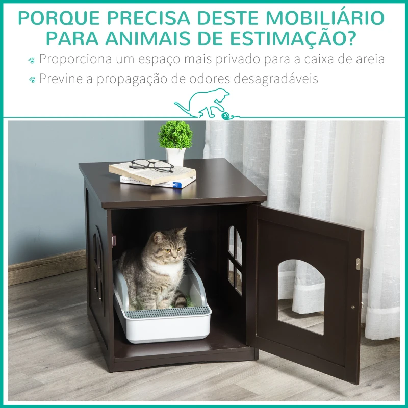 PawHut Casa para Gatos de Madeira Móvel para Caixa de Areia para Gatos 2 em 1 com Armário de Armazenamento Bancada Ampla Porta e 3 Janelas Cruzadas 48,7x53,3x53 cm Marrom