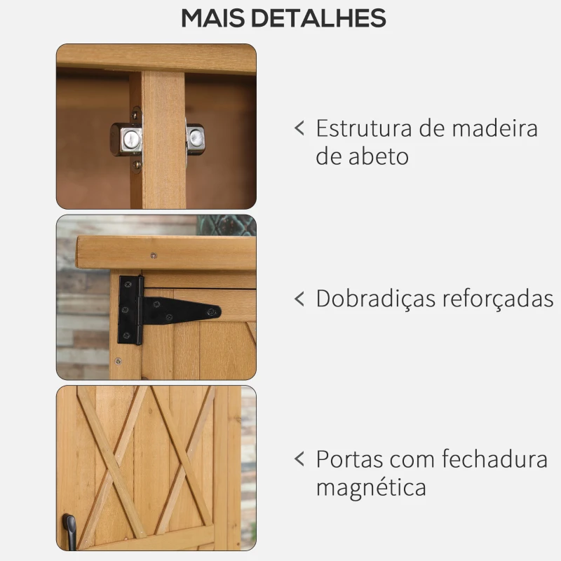 Outsunny Armário de Madeira de Jardim 75x40x90cm 0,24m² para Armazenamento de Ferramentas com 2 Portas 4 Prateleiras e Teto Galvanizado para Exterior Terraço Natural
