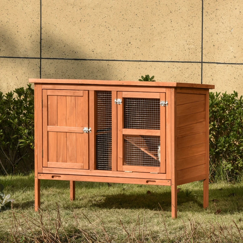 PawHut Conejera de Exterior Jaula de Mascotas Pequeñas de Madera 2 Pisos para Conejos Cobayas Hámster con Techo Asfáltico Bandeja Extraíble Rampa 102x56x85 cm Madera Natural