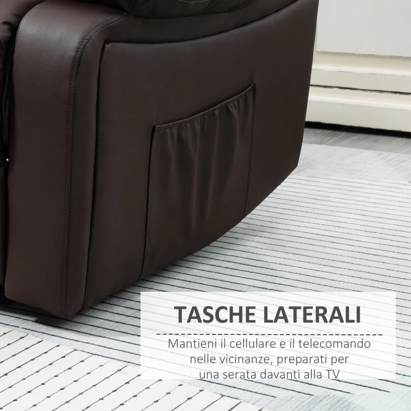 HOMCOM Poltrona Relax Reclinabile con Maniglia e Tasche Laterali, 100x89x100cm, Marrone